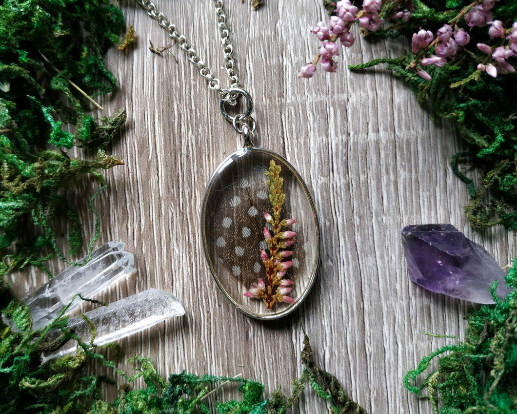 Heather pendant with real feather